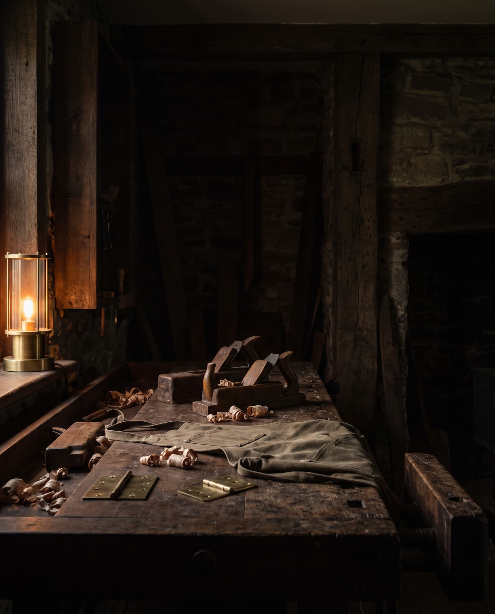A craftsman's workbench with hand planes and brass hardware